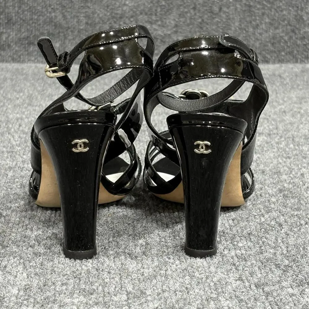 Chanel Sandals Womens 6 36 Black Patent Camellia Flower Logo Italy Heel Strappy